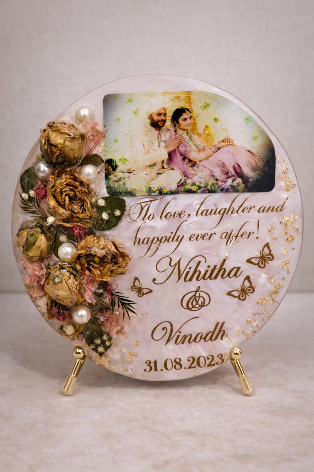 Personalized Resin Photo Frame with Dried Flowers & Stand - Image 2